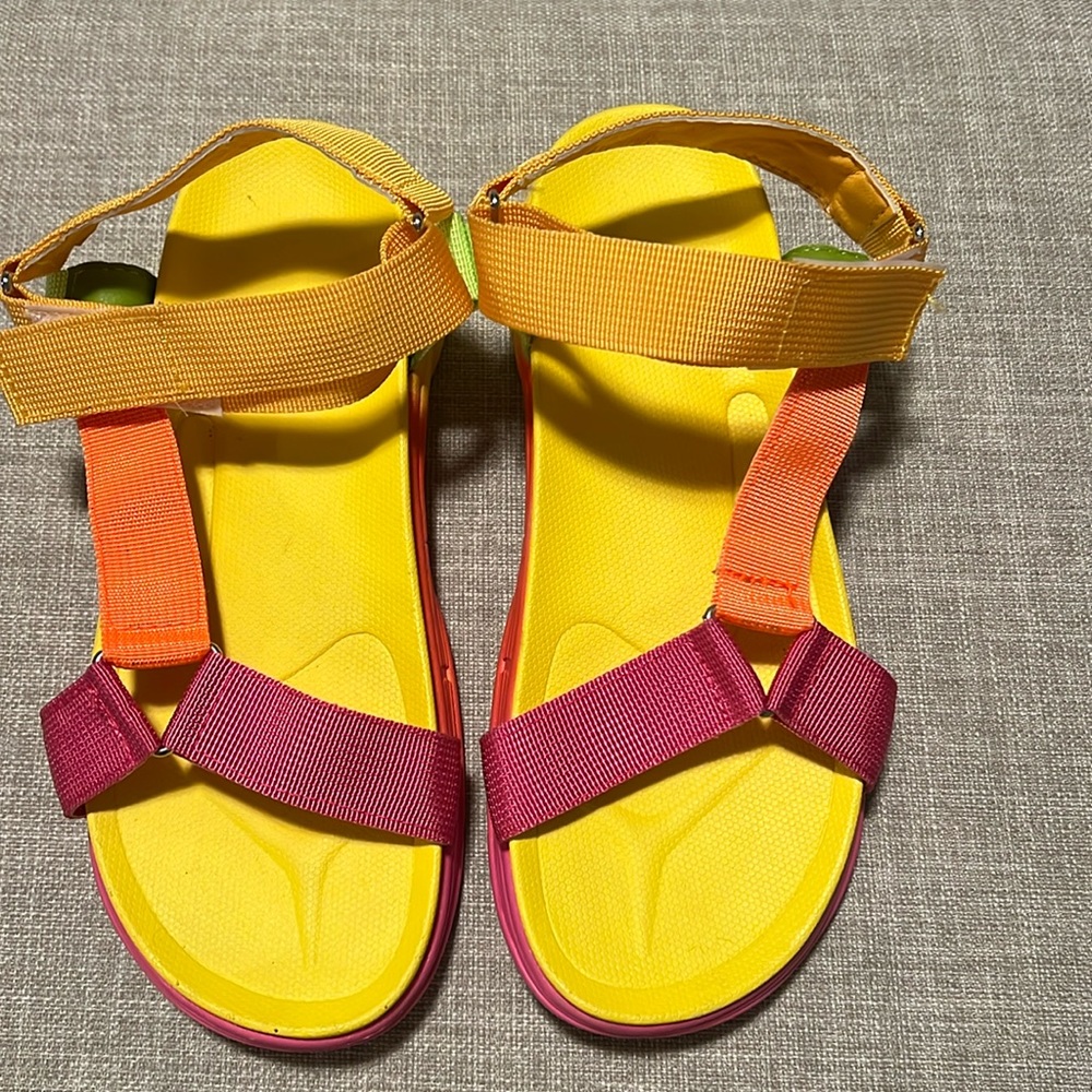 Multicolored colorblock sandals brand unknown.